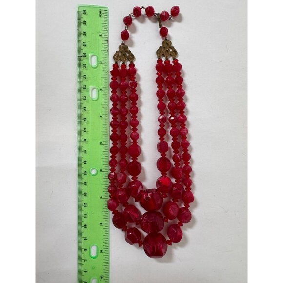 Vintage Triple-Strand Red Lucite Beaded Necklace With Brass Findings & Hook Clas - Picture 6 of 16